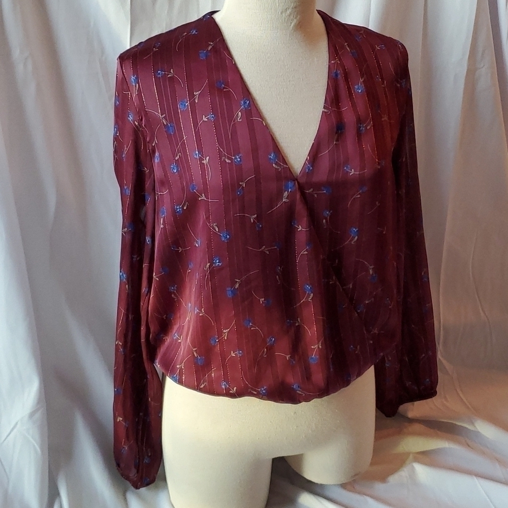 Lush Purple and Blue Rose V-Neck long sleeve blouse